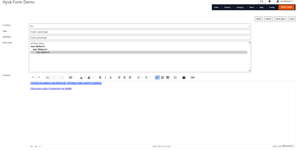 Formulaire Hyvä Admin Magento 2 avec sauvegarde Ajax – développement Pixellescence