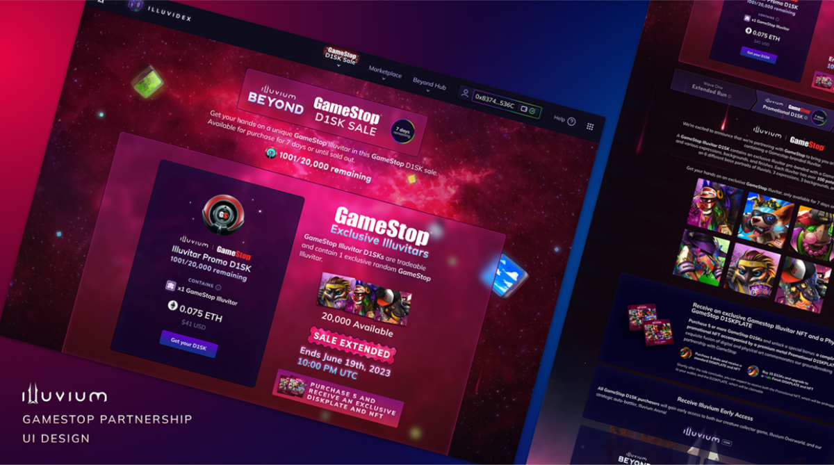 Interface UI Design Illuvium GameStop – landing page partenariat NFT par Pixellescence