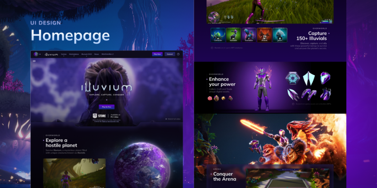 Homepage Illuvium – UI design futuriste blockchain par Pixellescence