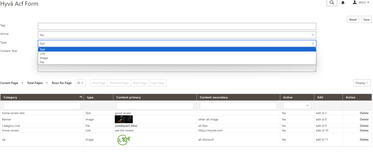 Formulaire Hyvä Admin module ACF Magento 2 avec sauvegarde Ajax – développement Pixellescence