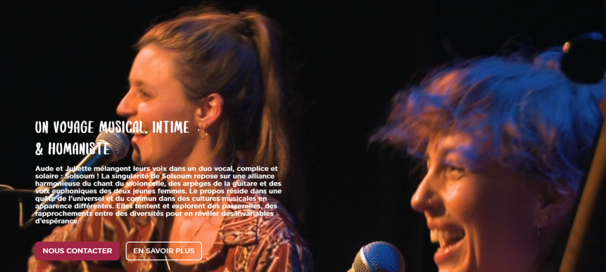 Page d'accueil solsoum.com – site WordPress duo musical créé par Pixellescence agence web Caen